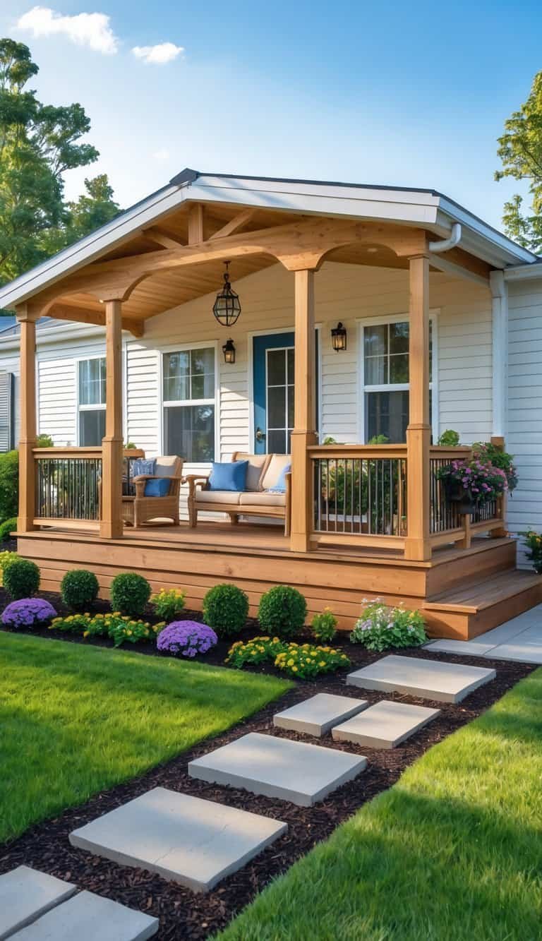 A mobile home with a wooden porch and surrounding landscaping including flowers, shrubs, and a stone pathway.