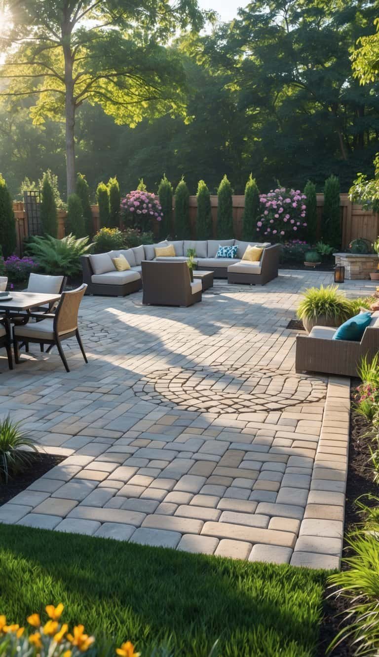 A backyard patio with various stone paver patterns, surrounded by plants and outdoor furniture.