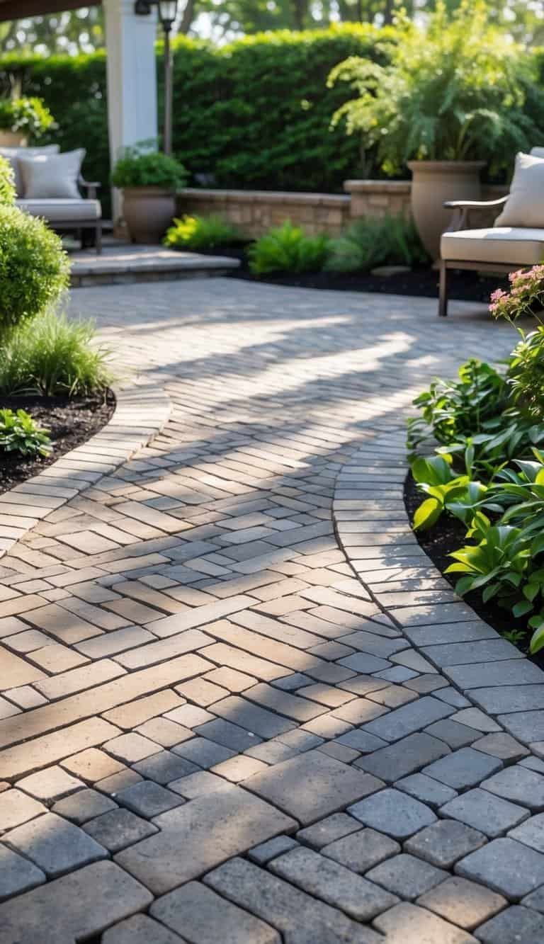 Outdoor patio with stone pavers arranged in a zigzag pattern surrounded by plants and outdoor furniture.