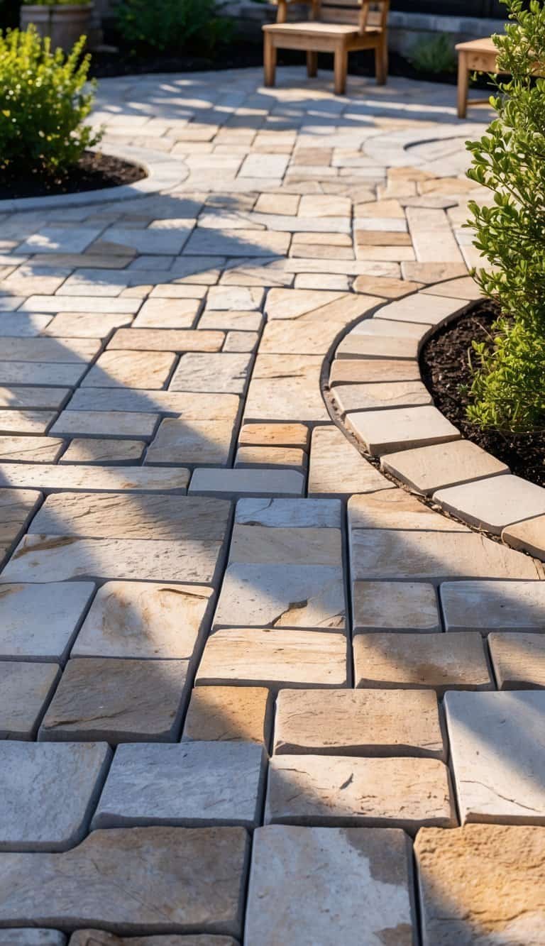 Outdoor patio with a basketweave pattern of stone pavers surrounded by greenery and outdoor furniture.