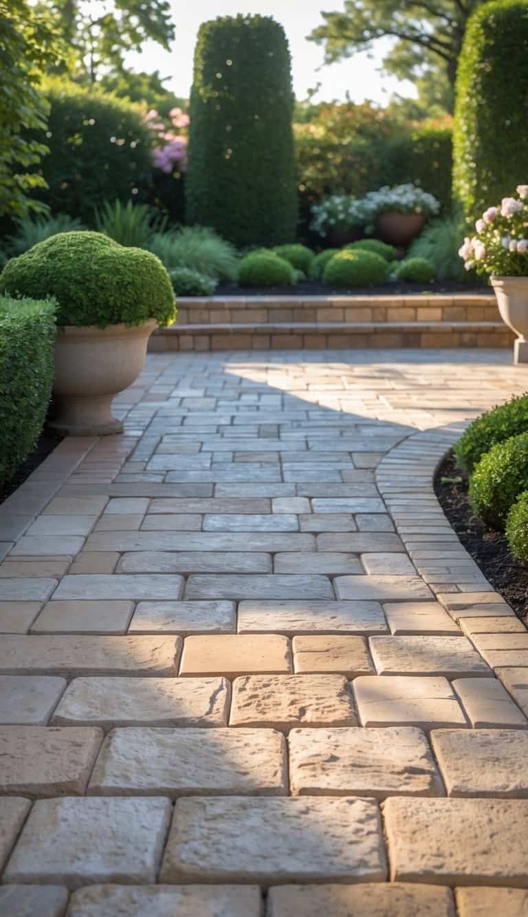 Outdoor patio with rectangular stone pavers arranged in staggered rows, surrounded by green plants and soft sunlight.