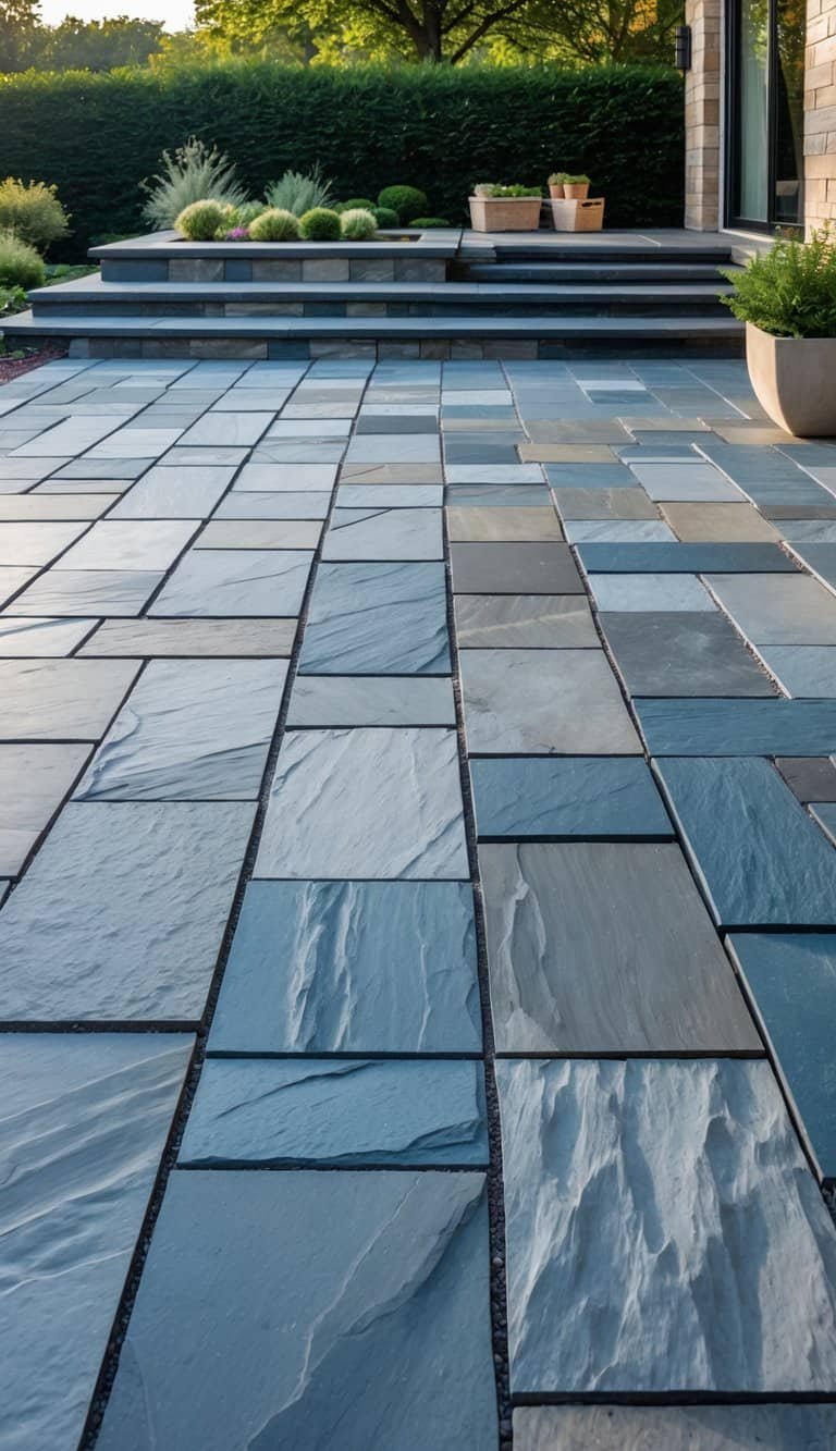 An outdoor patio with rectangular stone pavers arranged in a neat pattern, surrounded by green plants and natural light.