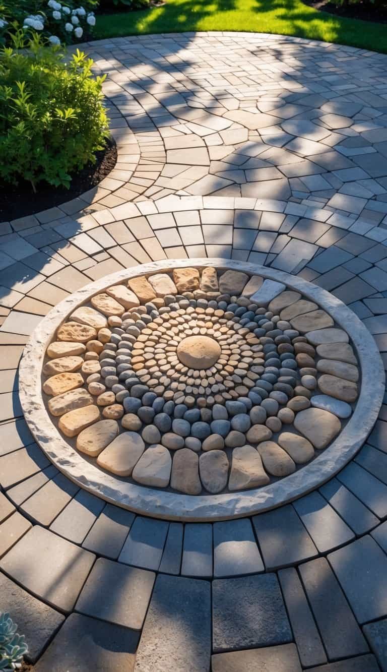 An outdoor patio with a circular stone medallion surrounded by patterned stone pavers and greenery.
