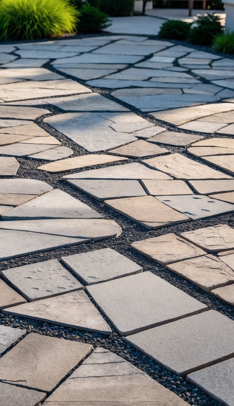 An outdoor patio with a geometric pinwheel pattern made of small square stones surrounded by greenery.