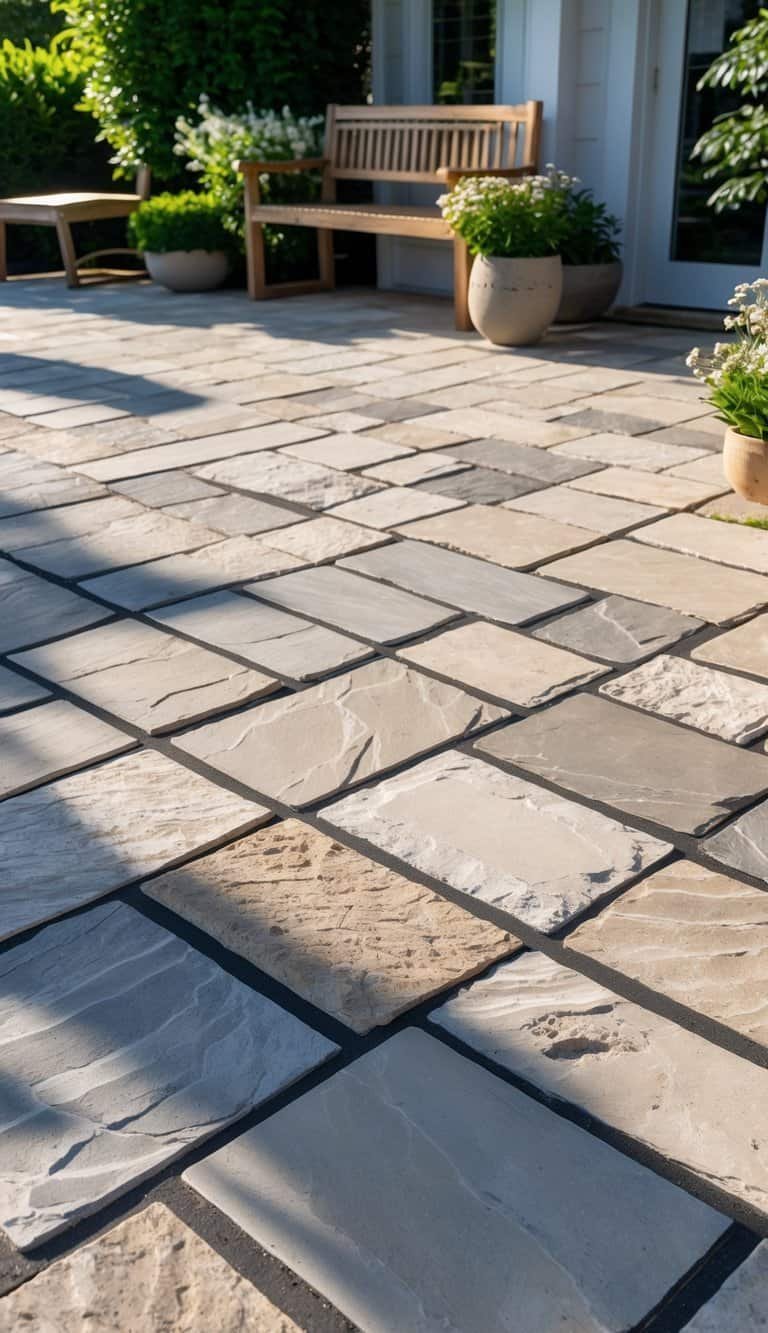 Outdoor patio with stone pavers arranged diagonally, surrounded by greenery and outdoor furniture.