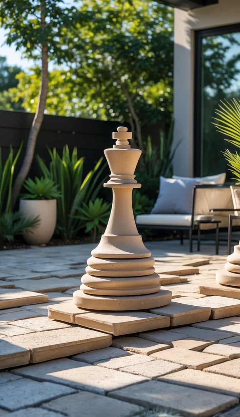 Outdoor patio with neatly stacked stone pavers arranged in a detailed pattern surrounded by green plants and modern furniture.