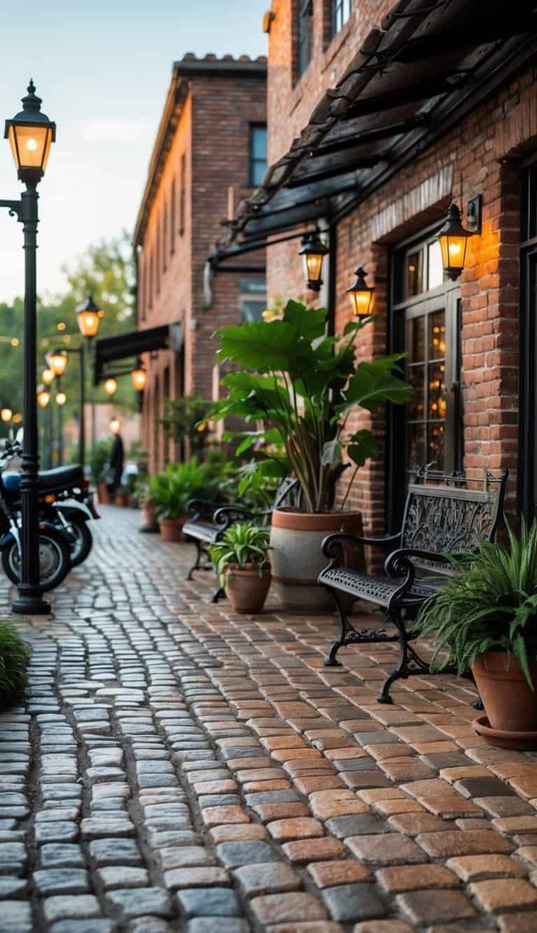 An outdoor patio area with cobblestone pavement, vintage street lamps, benches, potted plants, and a person standing near a brick wall.