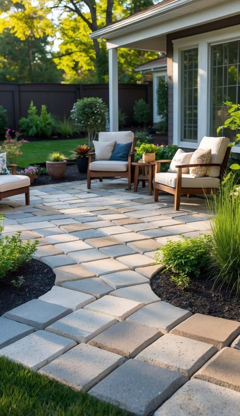 A backyard patio with interlocking stone pavers, surrounded by green grass, plants, and outdoor furniture.