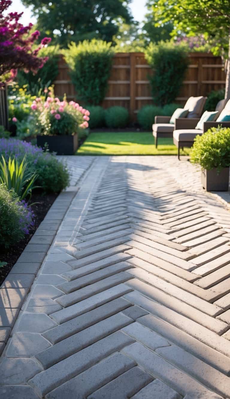 Outdoor patio with a patterned stone floor, surrounded by plants and outdoor furniture under natural sunlight.