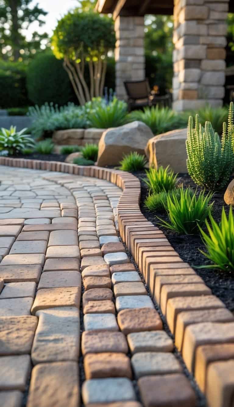 Outdoor patio with a neatly arranged brick border resembling small soldiers and patterned stone pavers surrounded by green plants.