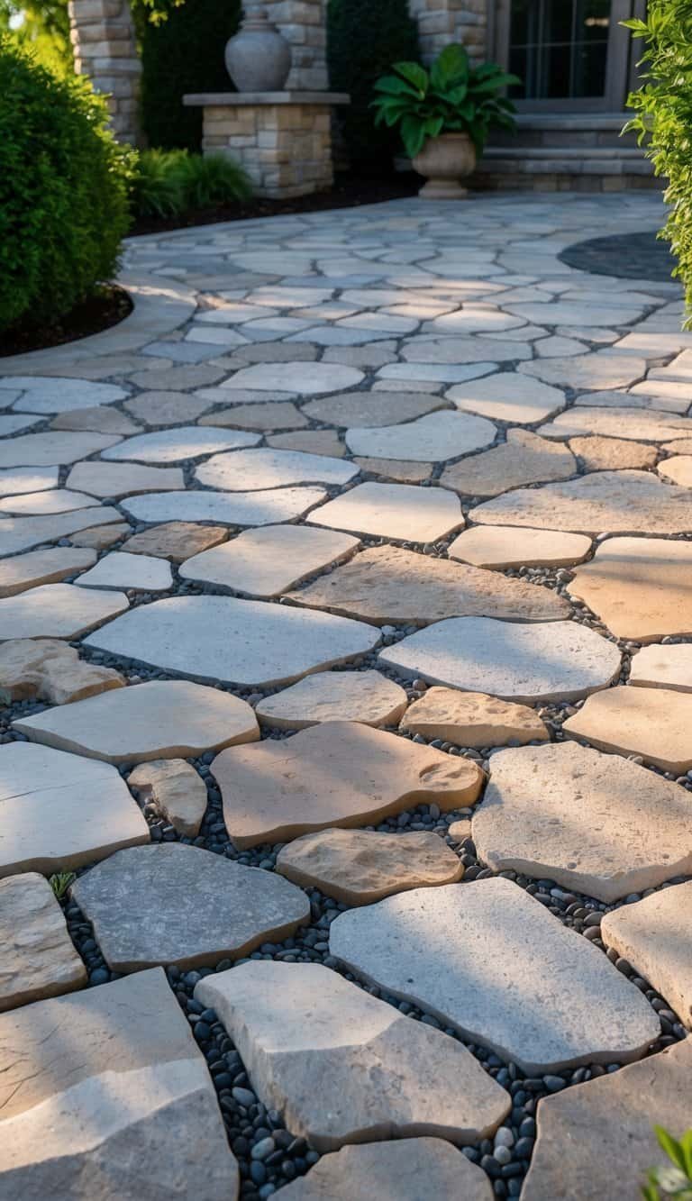 Outdoor patio with a random stone pattern of natural stone pavers surrounded by greenery.