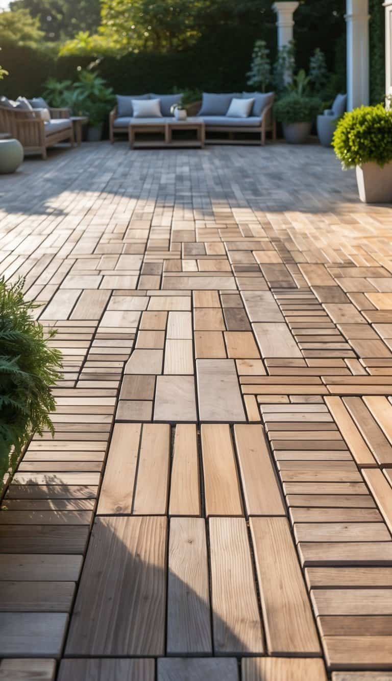 Outdoor patio with wood plank pavers arranged in a decorative pattern surrounded by greenery and outdoor furniture.
