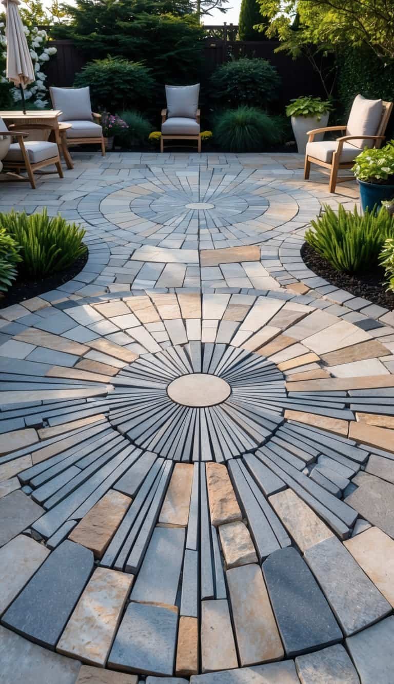 Outdoor patio with a fan pattern stone paver design surrounded by plants and outdoor furniture.