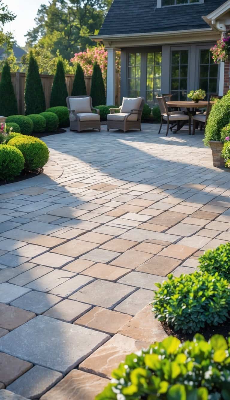 A backyard patio with neatly arranged stone pavers, surrounded by green plants and outdoor furniture.