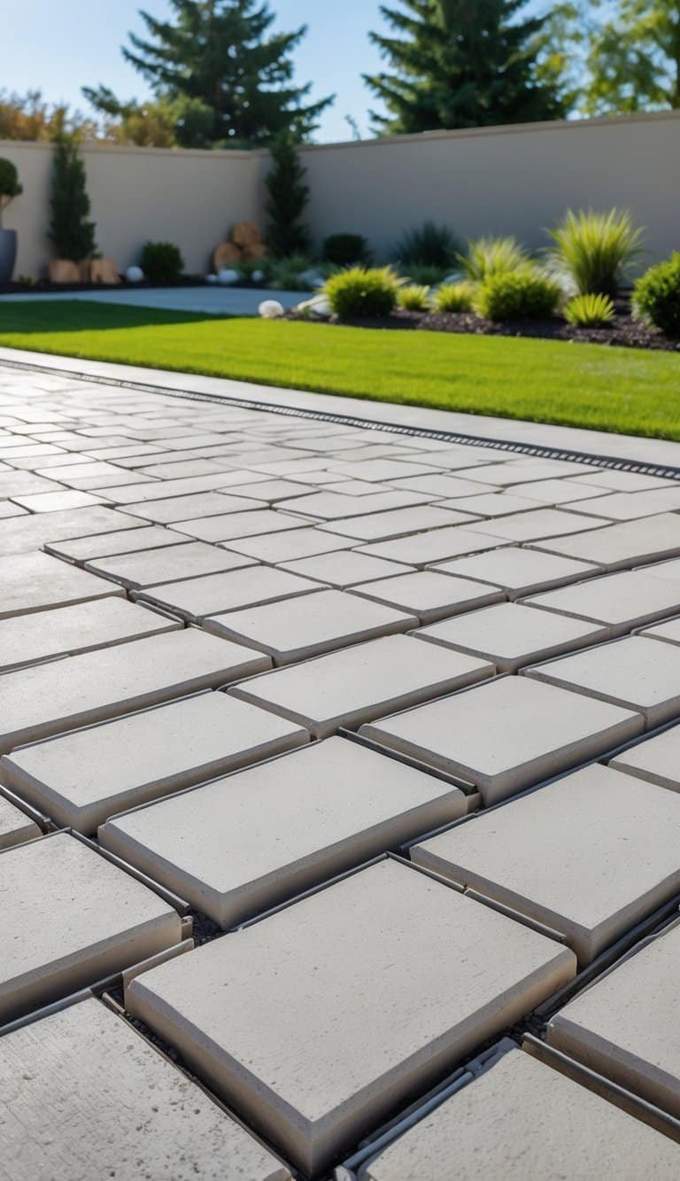 Outdoor patio with rectangular concrete pavers arranged in a neat, evenly spaced stack bond pattern surrounded by green plants.
