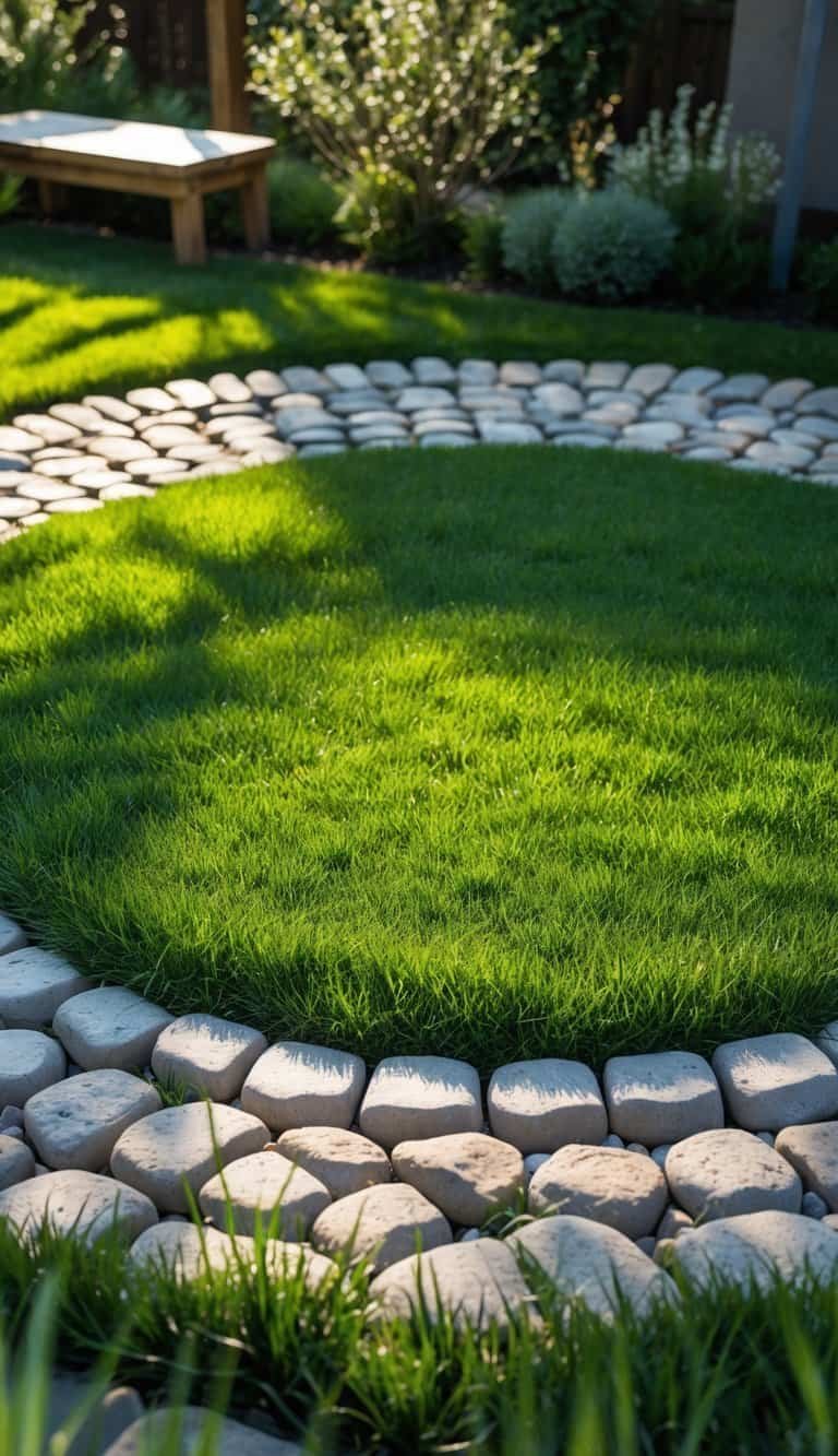 A circular cobblestone patio with grass growing between the stones in an outdoor garden setting.