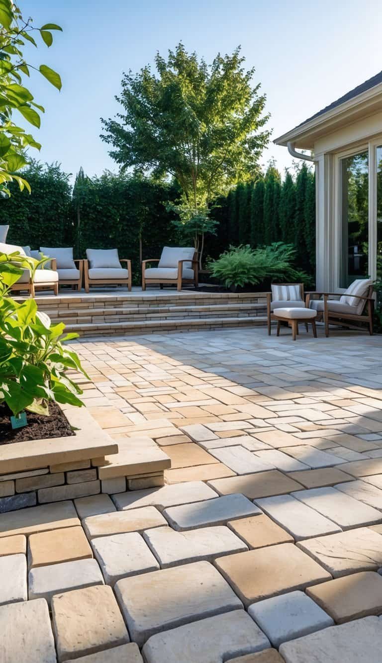Outdoor patio with rectangular stone pavers arranged in a stacked stretcher bond pattern, surrounded by green plants and outdoor furniture.