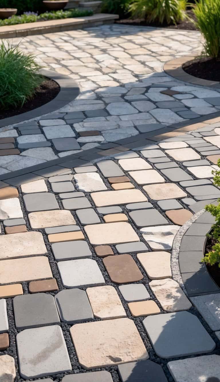 Outdoor patio with a woven pattern of light and dark stone pavers surrounded by greenery.