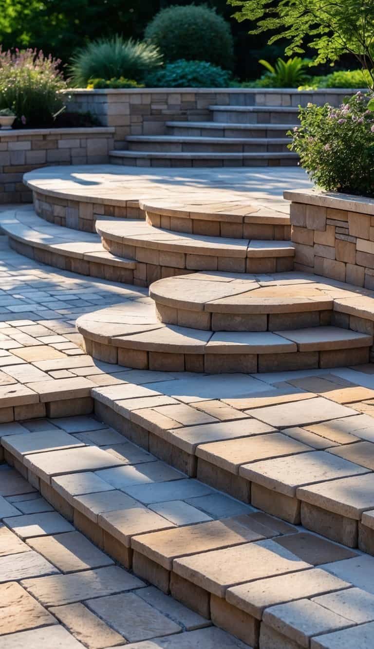 Outdoor patio with multiple stone steps arranged in a patterned layout surrounded by plants and natural light.