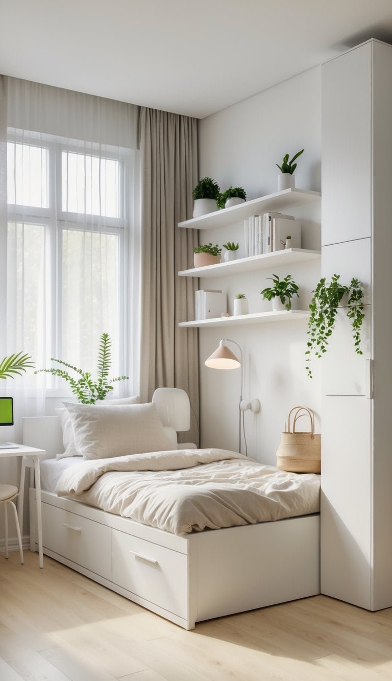 A small, bright bedroom with a compact bed, floating shelves, a wall-mounted desk, and smart storage solutions.