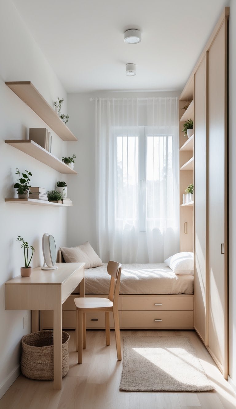 A small, well-organized bedroom with a bed, desk, shelves, and wardrobe, illuminated by natural light.
