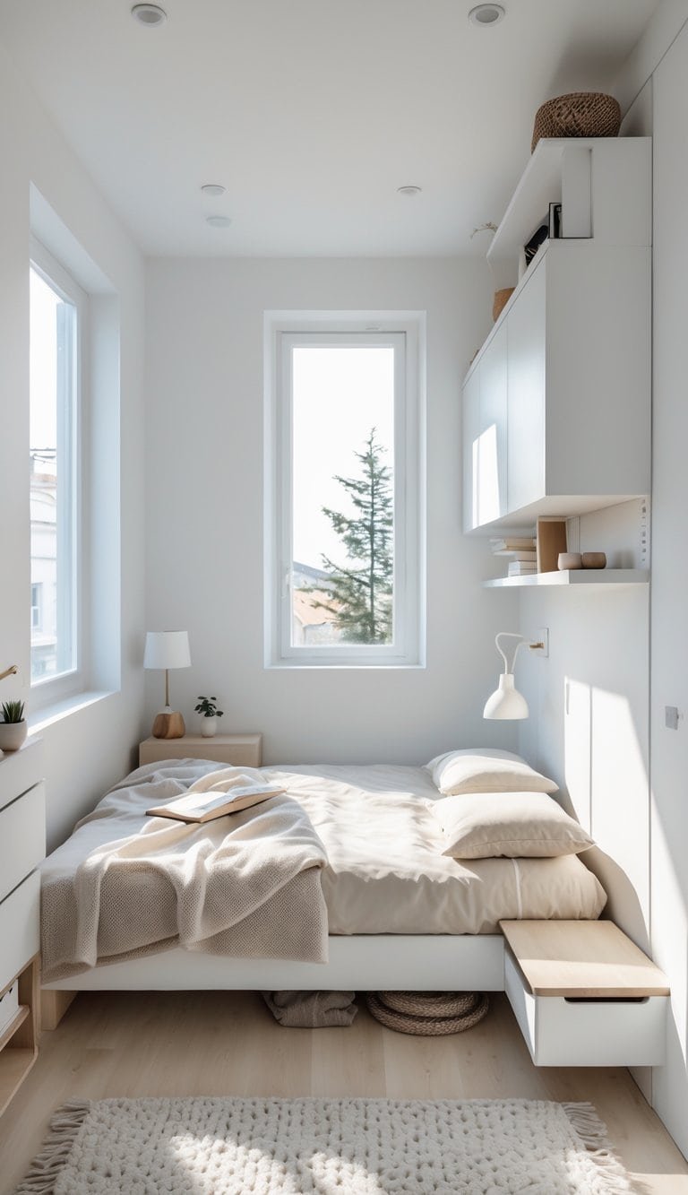 A small bright bedroom with a neatly made bed, wooden floor, large windows, and simple furniture arranged to maximize space.