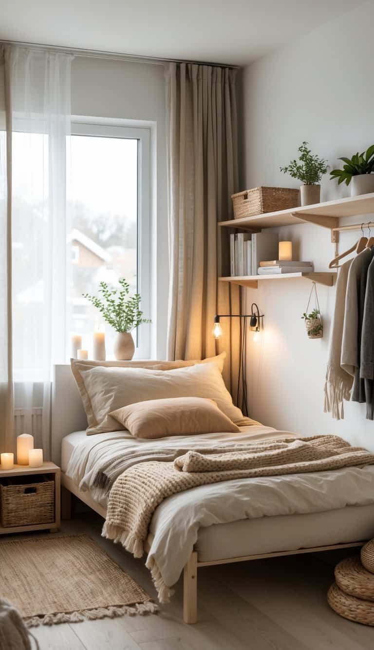 A small, cozy bedroom with a neatly made bed, wooden furniture, soft natural light, and thoughtful storage solutions creating a warm and inviting space.