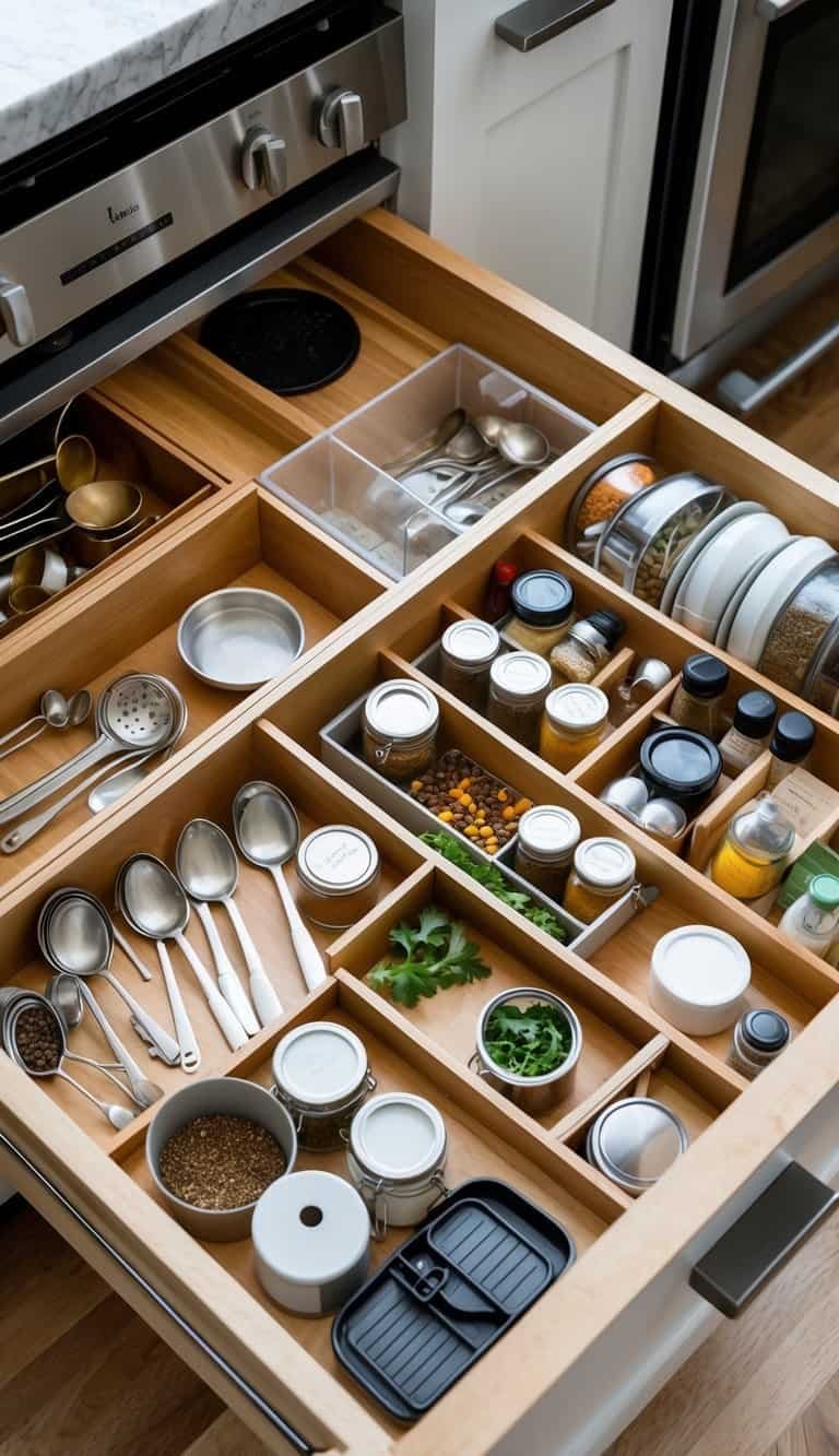 A small kitchen drawer neatly organized with dividers and compact storage containers holding utensils, spices, and kitchen tools.