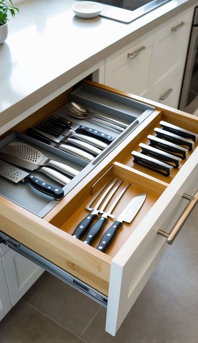 An open kitchen drawer with magnetic knife strips holding knives and neatly organized utensils inside.