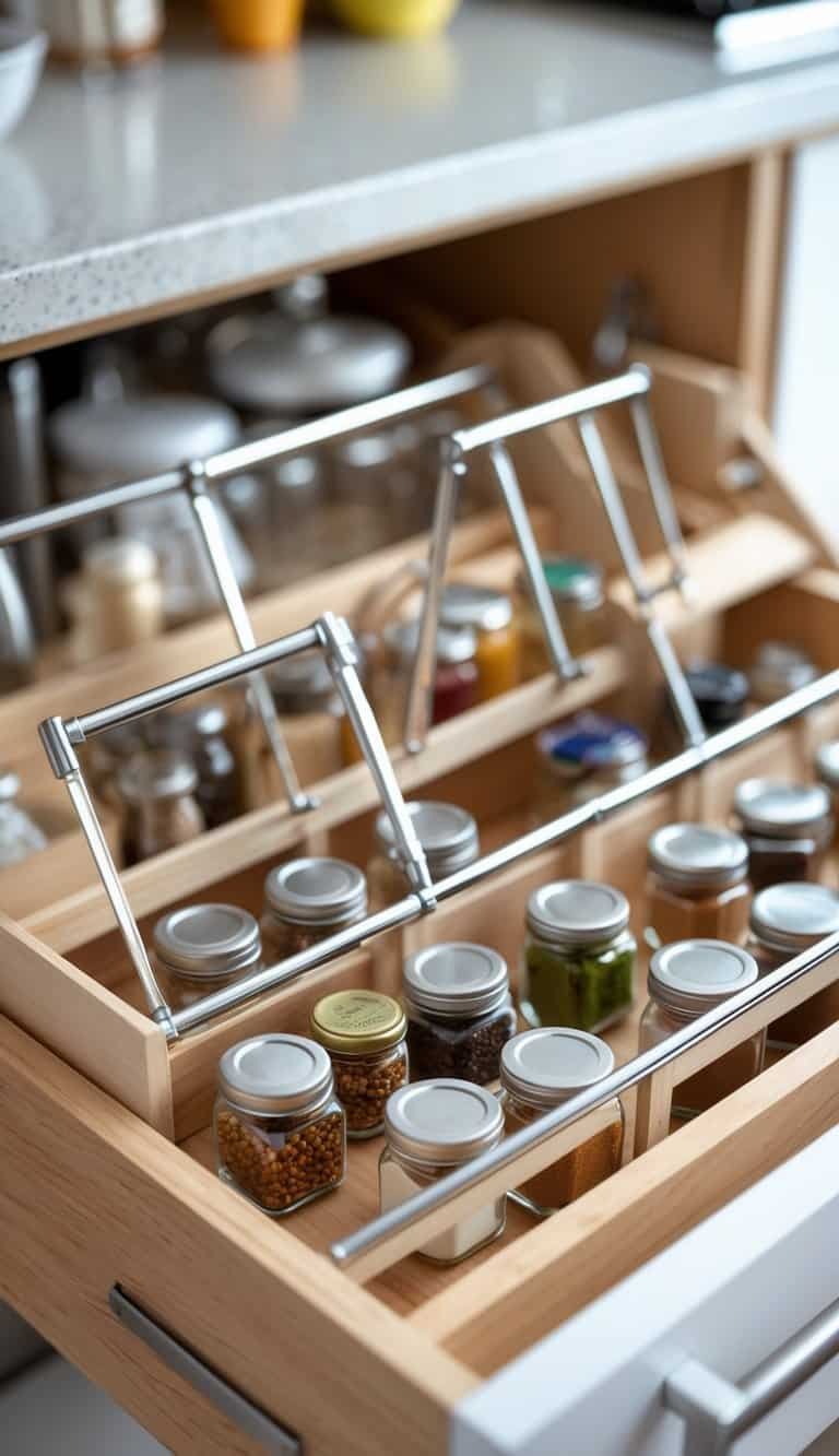 A small kitchen drawer with tension rods dividing neatly arranged spice jars.