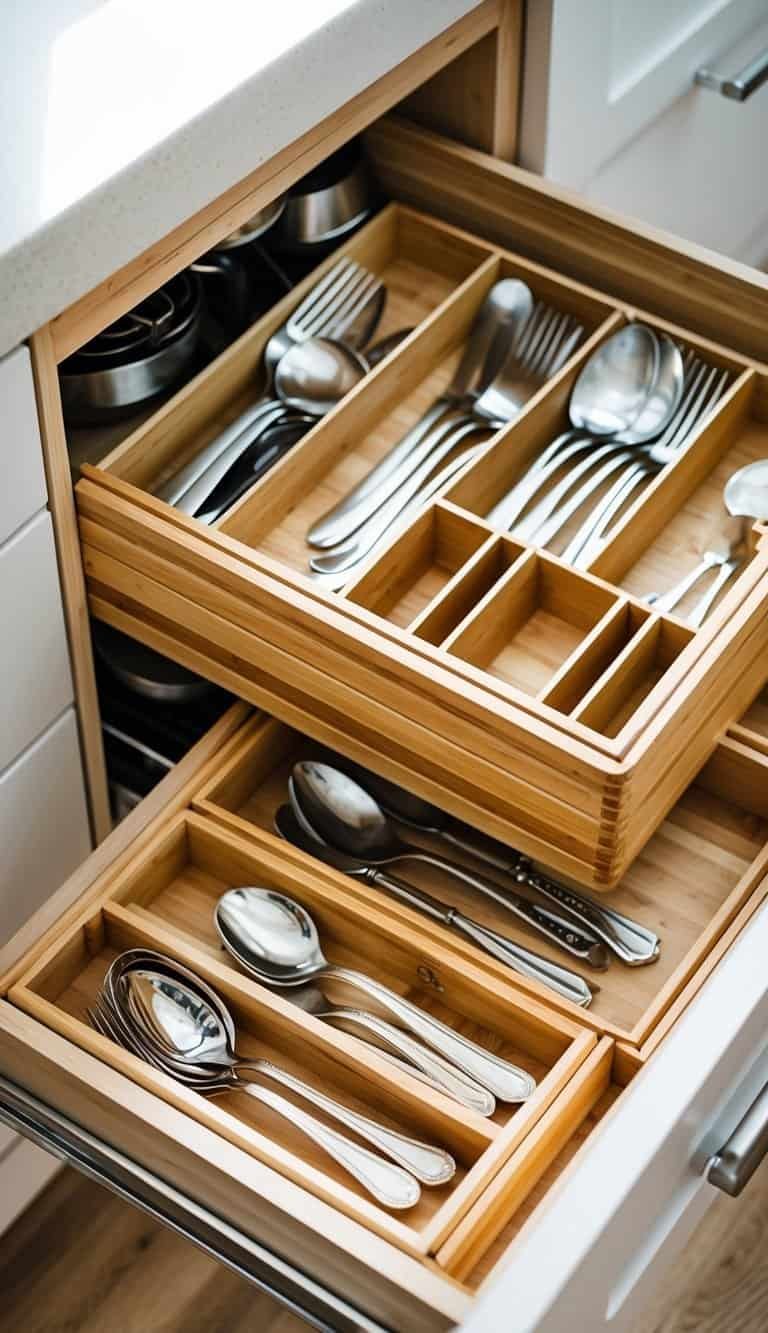 A small kitchen drawer organized with stackable bamboo compartments holding various utensils.