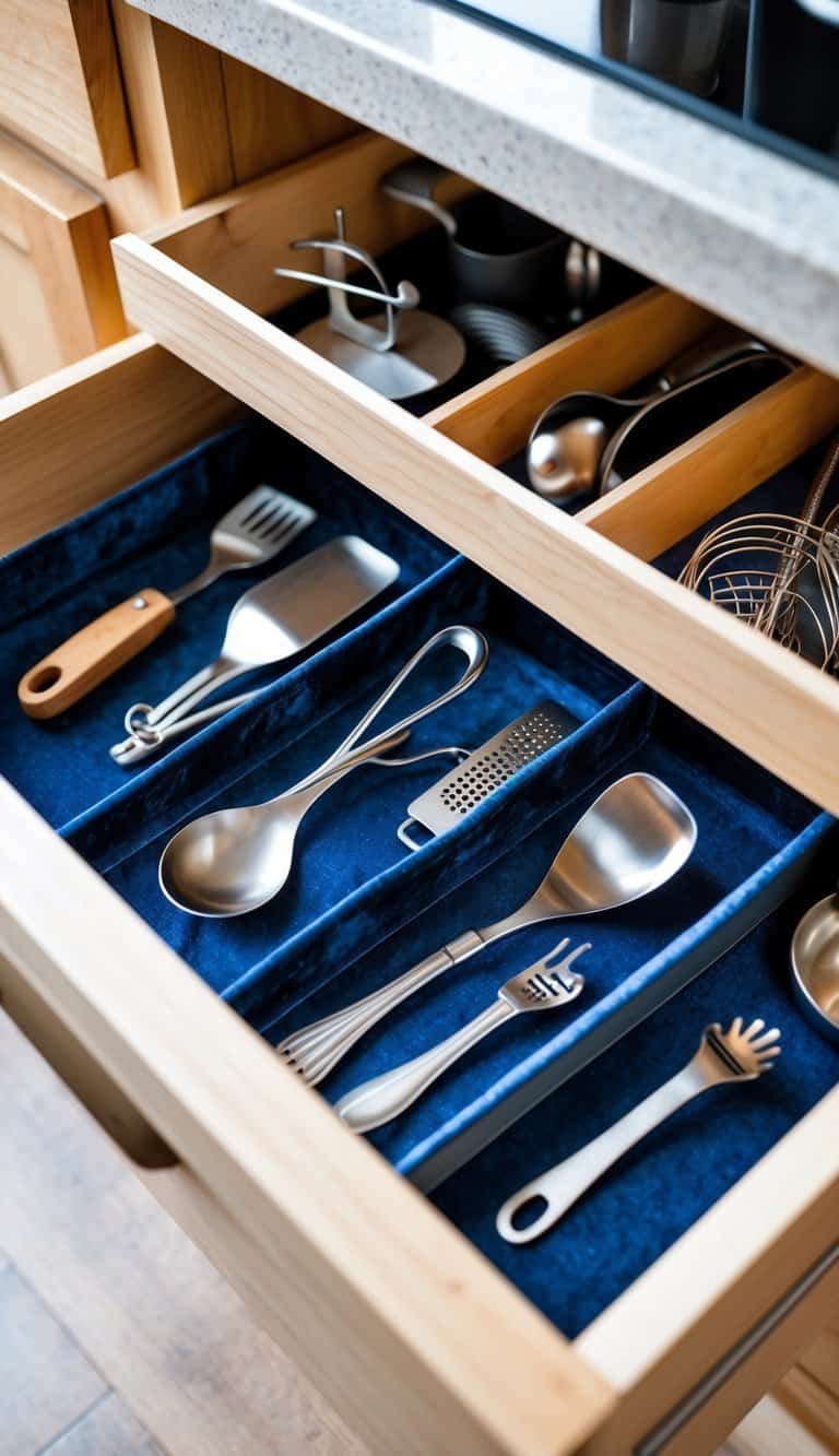 A small kitchen drawer neatly organized with velvet liners holding gadgets and utensils securely in place.