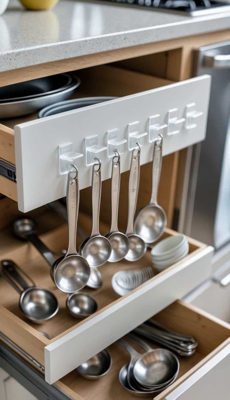 A small kitchen drawer neatly organized with measuring spoons hanging from clear hooks inside the drawer front, alongside other kitchen utensils.