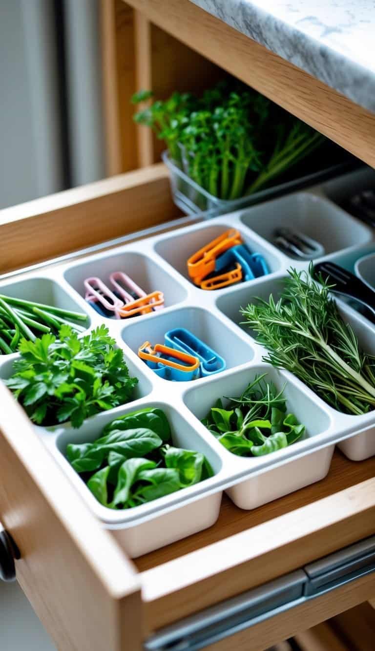 A small kitchen drawer neatly organized with repurposed ice cube trays holding fresh herbs and clips.