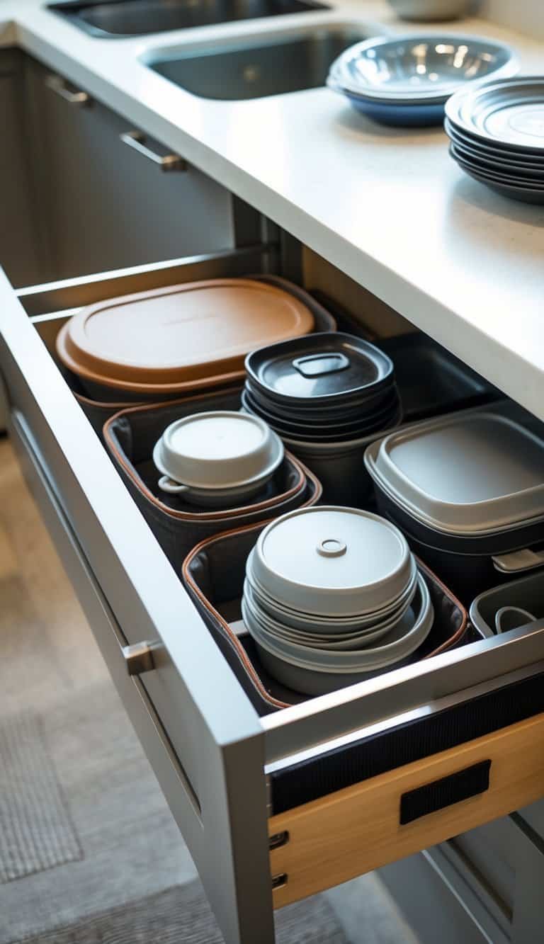 Open small kitchen drawer with lids and covers neatly organized and secured using Velcro strips.