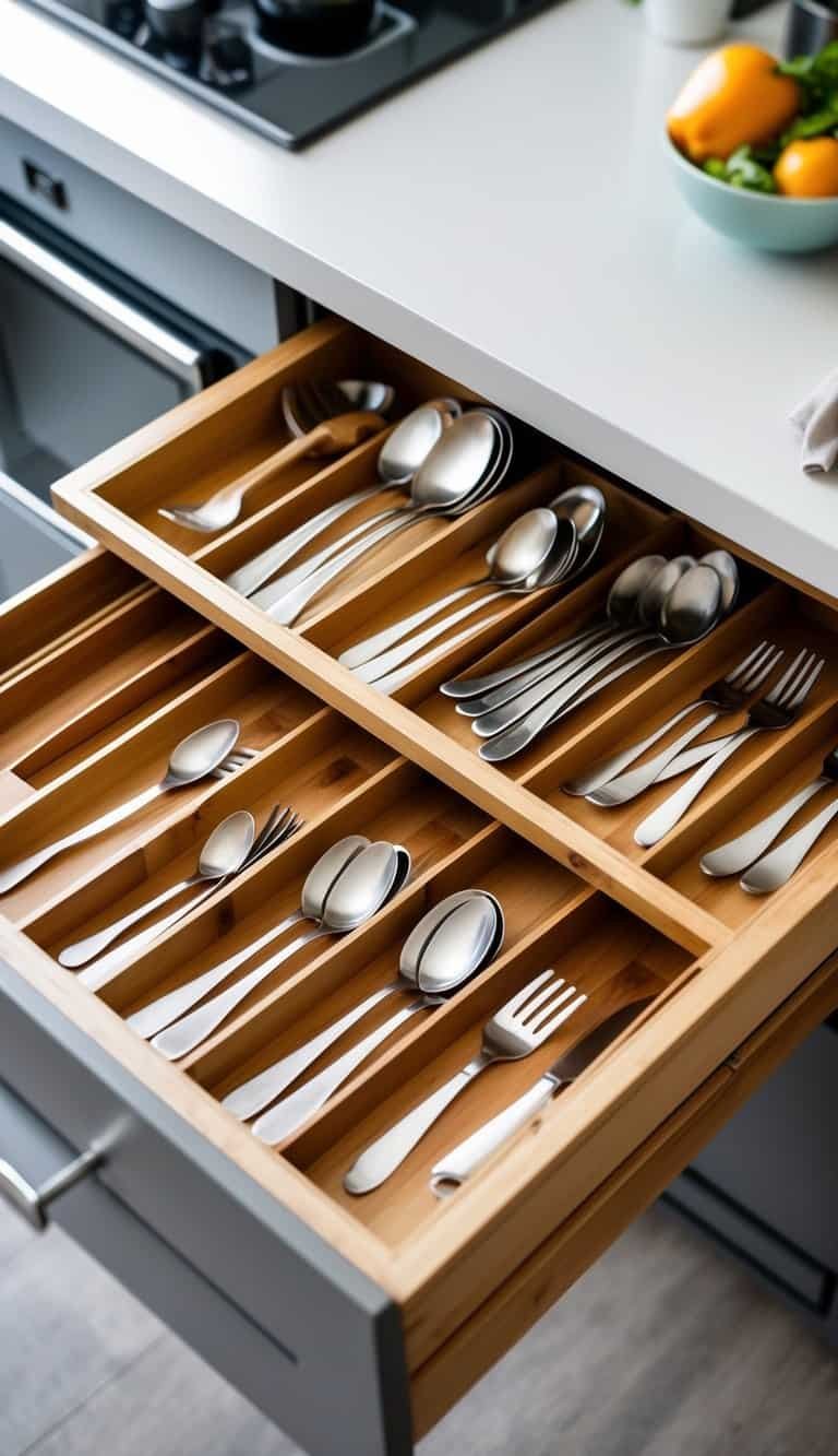 Open small kitchen drawer organized with expandable bamboo trays holding utensils and kitchen tools.