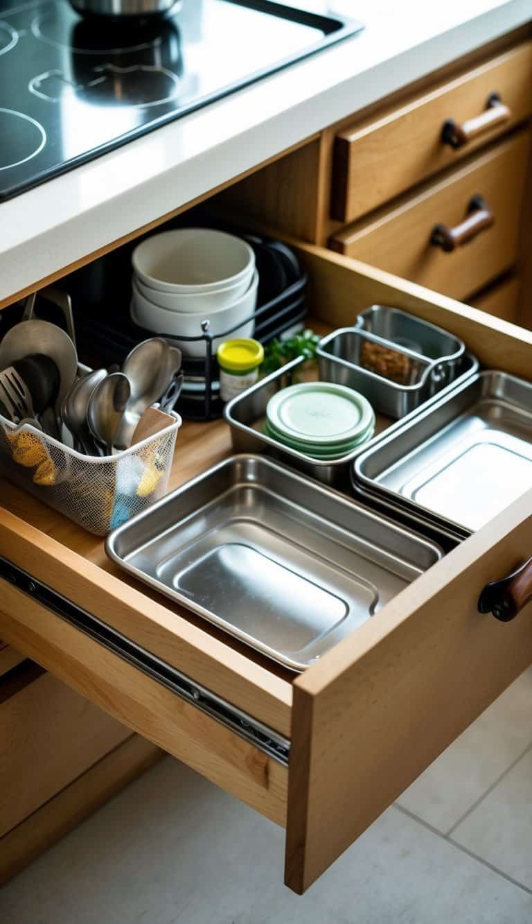 A small kitchen drawer organized with repurposed metal cookie sheets used as pull-out trays holding kitchen utensils and containers.