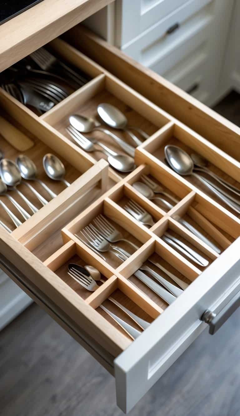 Small kitchen drawer organized with wooden dividers separating utensils like forks, spoons, and knives.