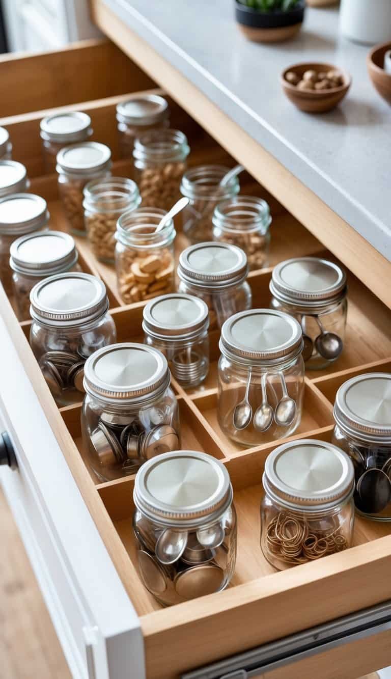 An open kitchen drawer with small mason jars neatly storing teaspoons and tiny kitchen items.