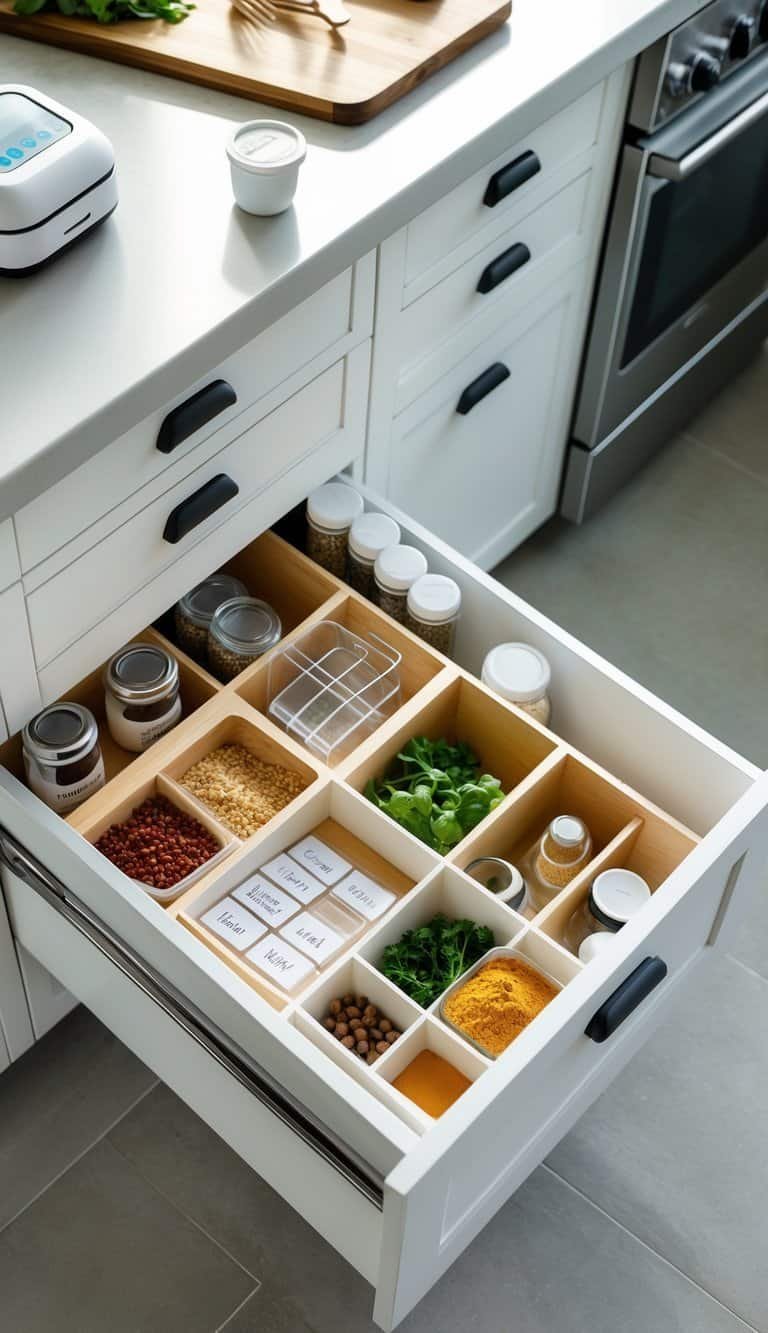 Top view of a small kitchen drawer neatly organized with utensils and containers, with a label maker placed beside it.