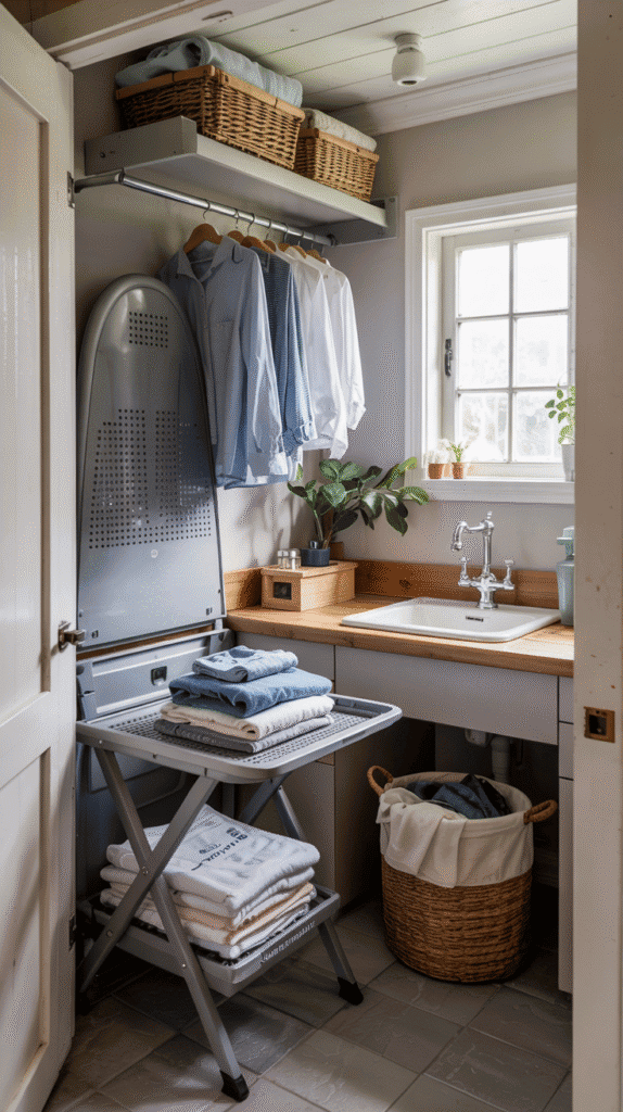 Fold-down ironing board in very small laundry room