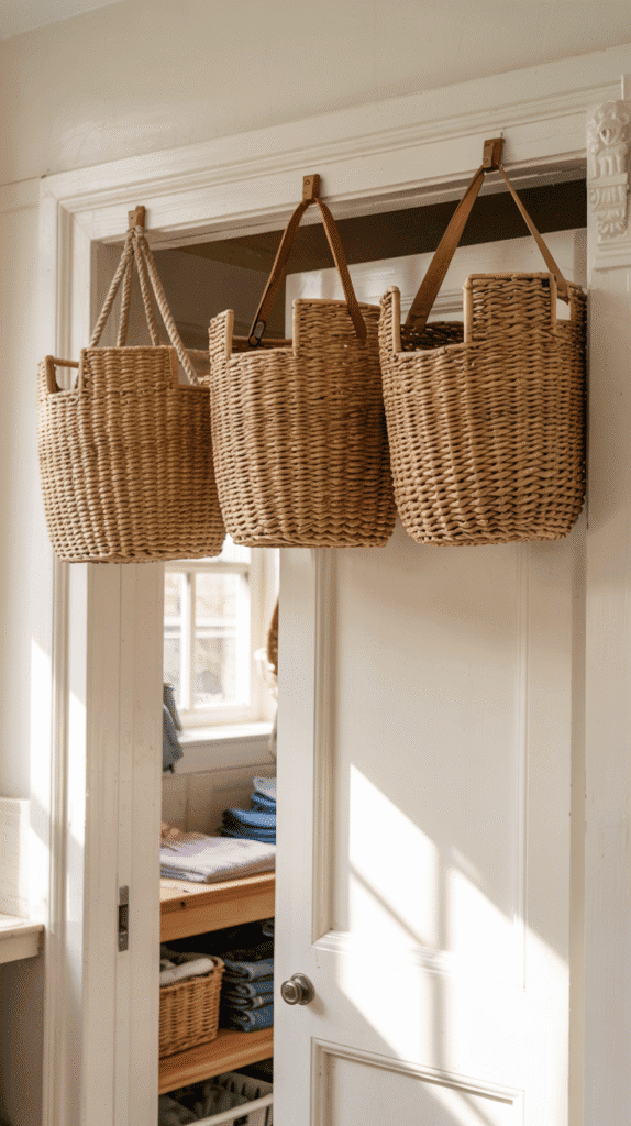 High storage baskets in very small laundry room