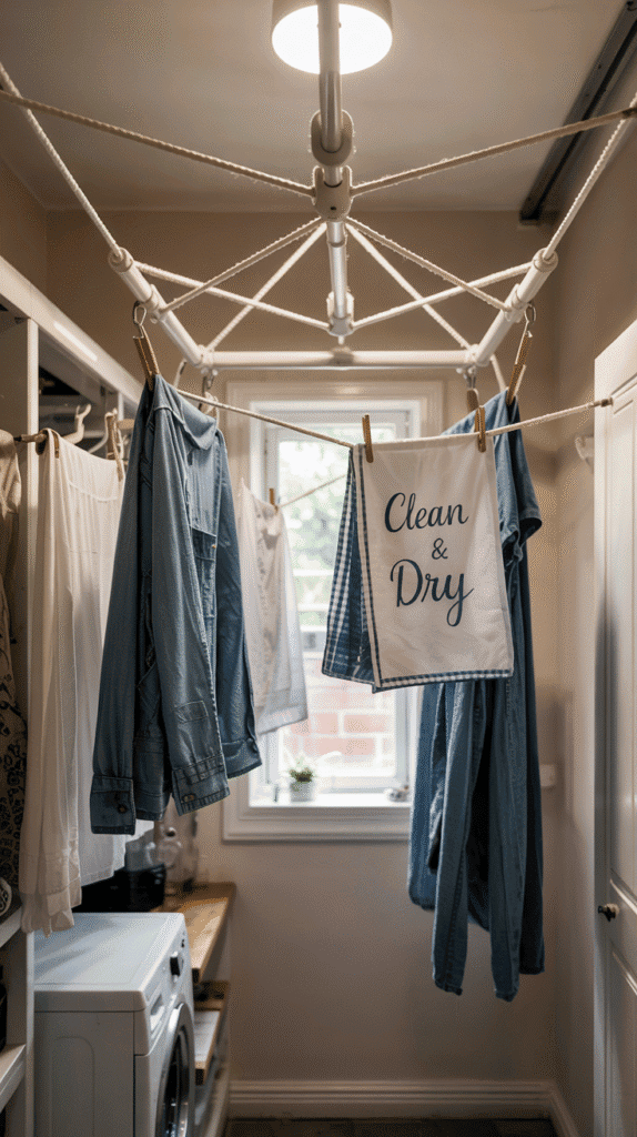 Ceiling-mounted drying system in very small laundry room