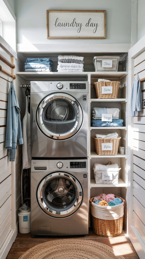 Stacked washer-dryer nook with storage in very small laundry room