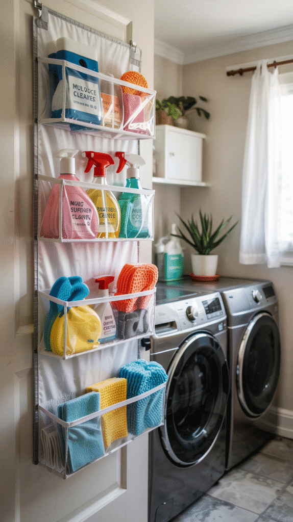 Over-the-door organizers in very small laundry room