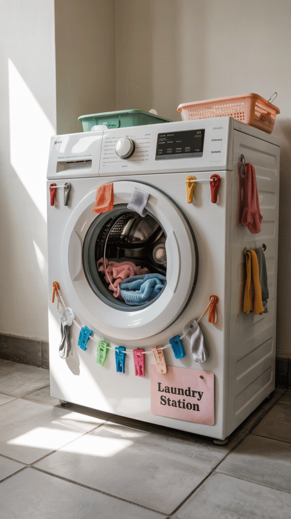 Magnetic strips and hooks in very small laundry room
