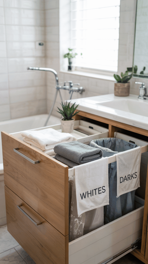 Hidden hamper system in very small laundry room
