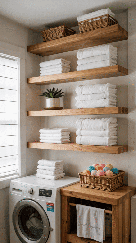 Floating shelves in very small laundry room