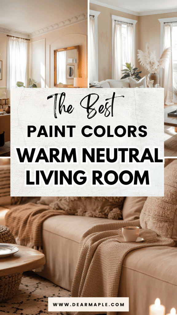 Pinterest pin of warm neutral living room