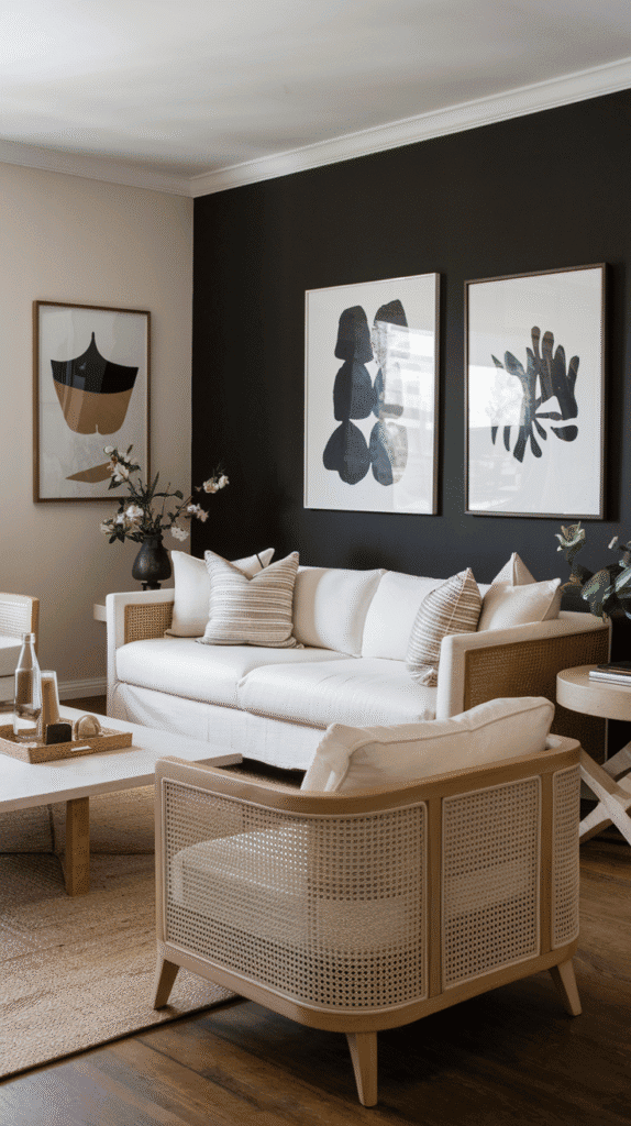 Warm neutral living room with bold accent wall for contrast